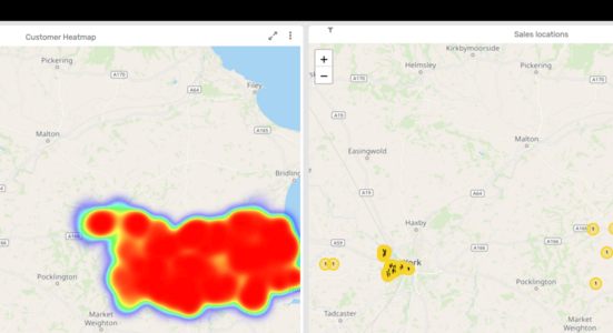 An application showing customer data displayed over the Thunderforest Atlas map style