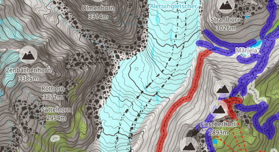 A map showing large icons for mountains