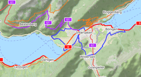 A map showing cycle routes near Interlaken