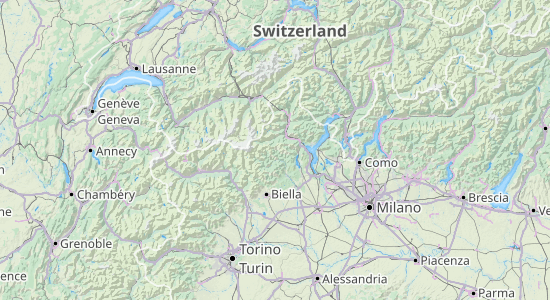 A map showing the mountains and valleys of the Alps