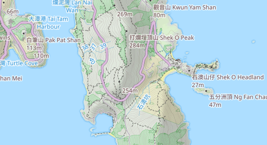 A map showing bays and mountains in Hong Kong