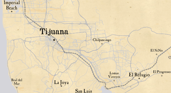 A railroad map showing railways near Tijuana
