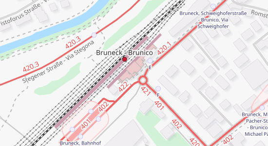 A map showing bus routes and railways in Bruneck