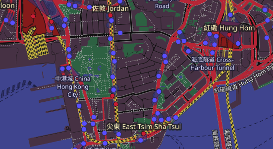 A dark themed map of Kowloon, Hong Kong