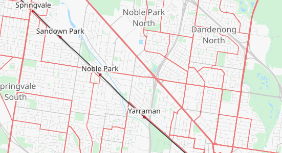 A map showing residential areas and a railway running through