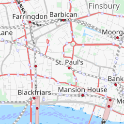 A Transport map tile showing railways and stations in central London